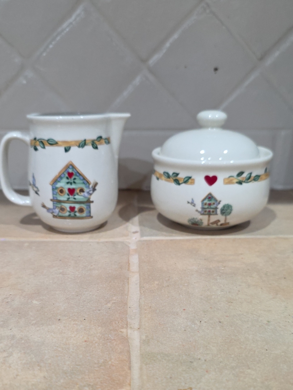 Casuals By China Pearl Sugar Bowl & Creamer Hearted Birdhouse Motif